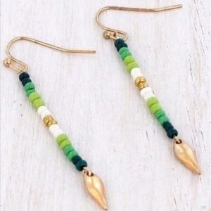 NWT Seed Bead Dangle Earrings Gold Fishhook Spear Shades Of Green, White Gold
